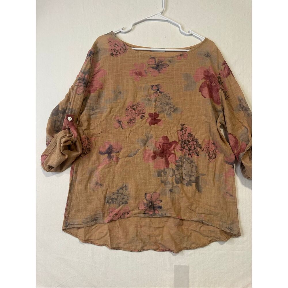 Colette Made in Italy Linen Cotton Floral Blouse Roll Tab Sleeve One Size